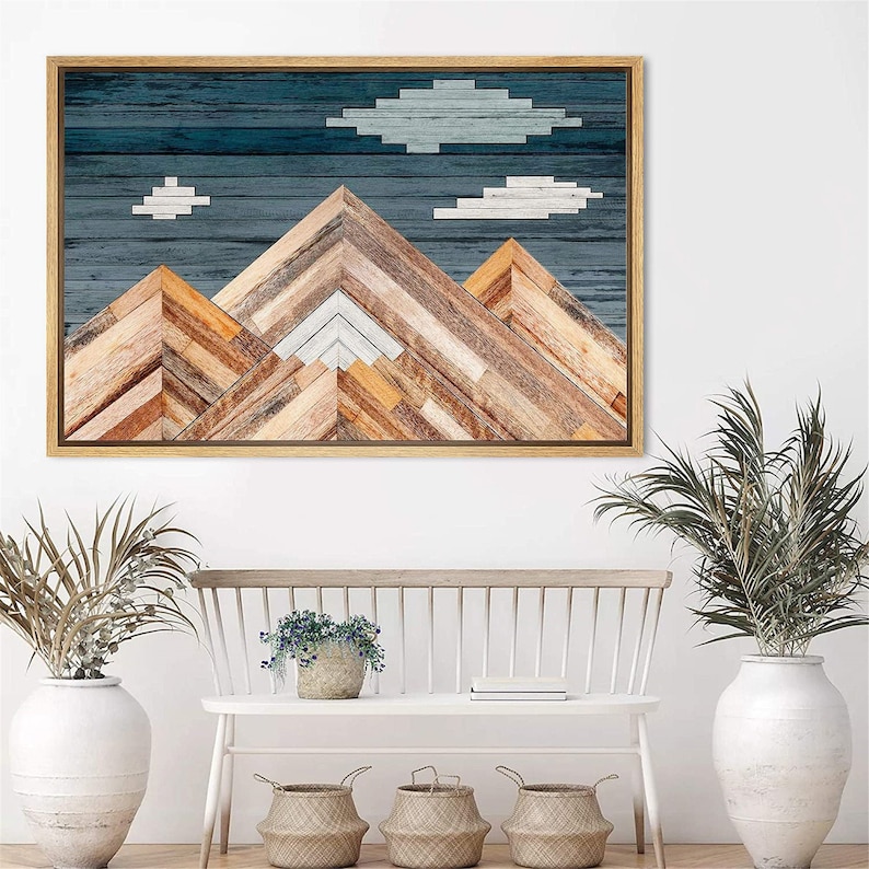 Rustic Mountain Top Canvas Wall Art, Framed Mountain Wall Art, Wood Style Mountain Canvas Print, Living Room Wall Decor, Framed Mountain Art 