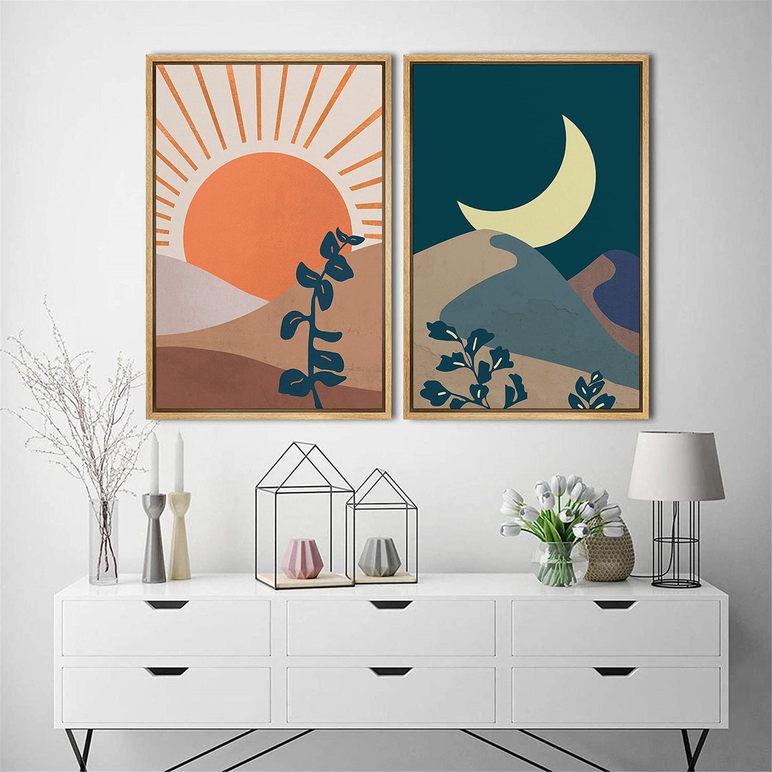 SIGNWIN 2 Piece Framed Canvas Wall Art Sun and Moon Prints Mid Century ...