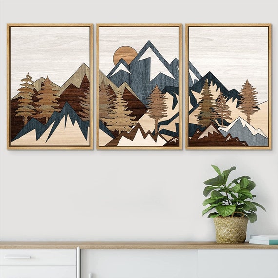 SIGNWIN Framed Canvas Wall Art Wood Panel Effect Mountain Range Top Print  Modern Art Rustic Decor for Living Room 