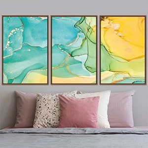 Set of 3 Alcohol Ink Wall Art, Blue Marble Framed Canvas Wall Art ...