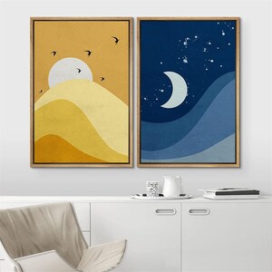 SIGNWIN 2 Piece Framed Canvas Wall Art Sun and Moon Prints Mid Century ...