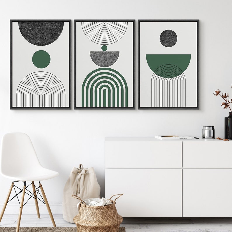 Boho Neutral Wall Art, Mid Century Modern Wall art, Abstract Geometric Wall Art Prints, Framed Canvas Wall Art Set of 3, Minimalist Wall Art 