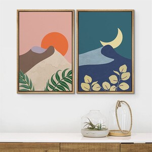 SIGNWIN 2 Piece Framed Canvas Wall Art Sun and Moon Illustration Print ...