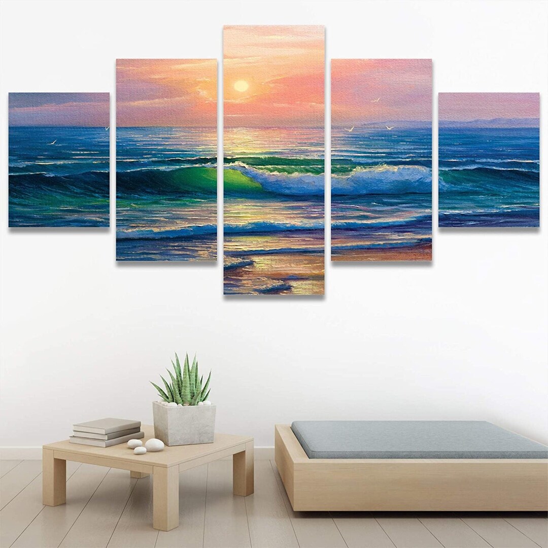 SIGNWIN Large Beach Sunset Wall Art, 5 Piece Canvas Wall Art, Sea Wave Print, Beach Print