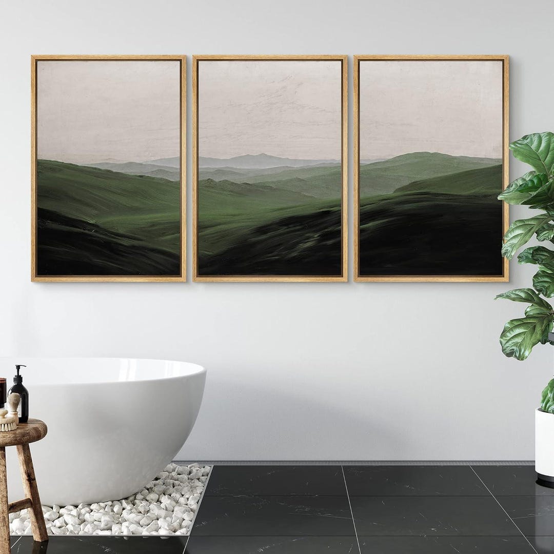 Framed Canvas Wall Art Set of 3 Abstract Green Mountain Landscape ...