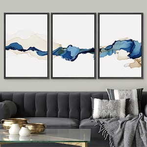 signwin 3 Piece Framed Canvas Wall Art Blue and White Watercolor Abstract Canvas Prints Modern Home Artwork Decor for Living Room,Bedroom image 9