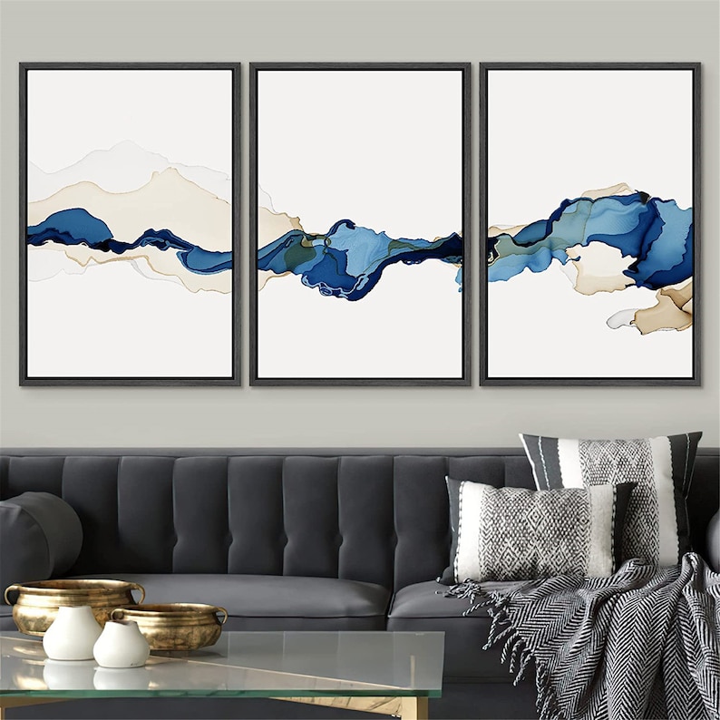 signwin 3 Piece Framed Canvas Wall Art Blue and White Watercolor Abstract Canvas Prints Modern Home Artwork Decor for Living Room,Bedroom image 9