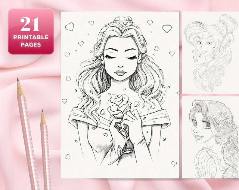 Download Adult Coloring Pages Book With Princesses 21 Pages Printable Etsy