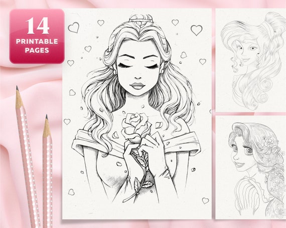 Adult Coloring Pages Book With Princesses 14 Pages Printable Etsy