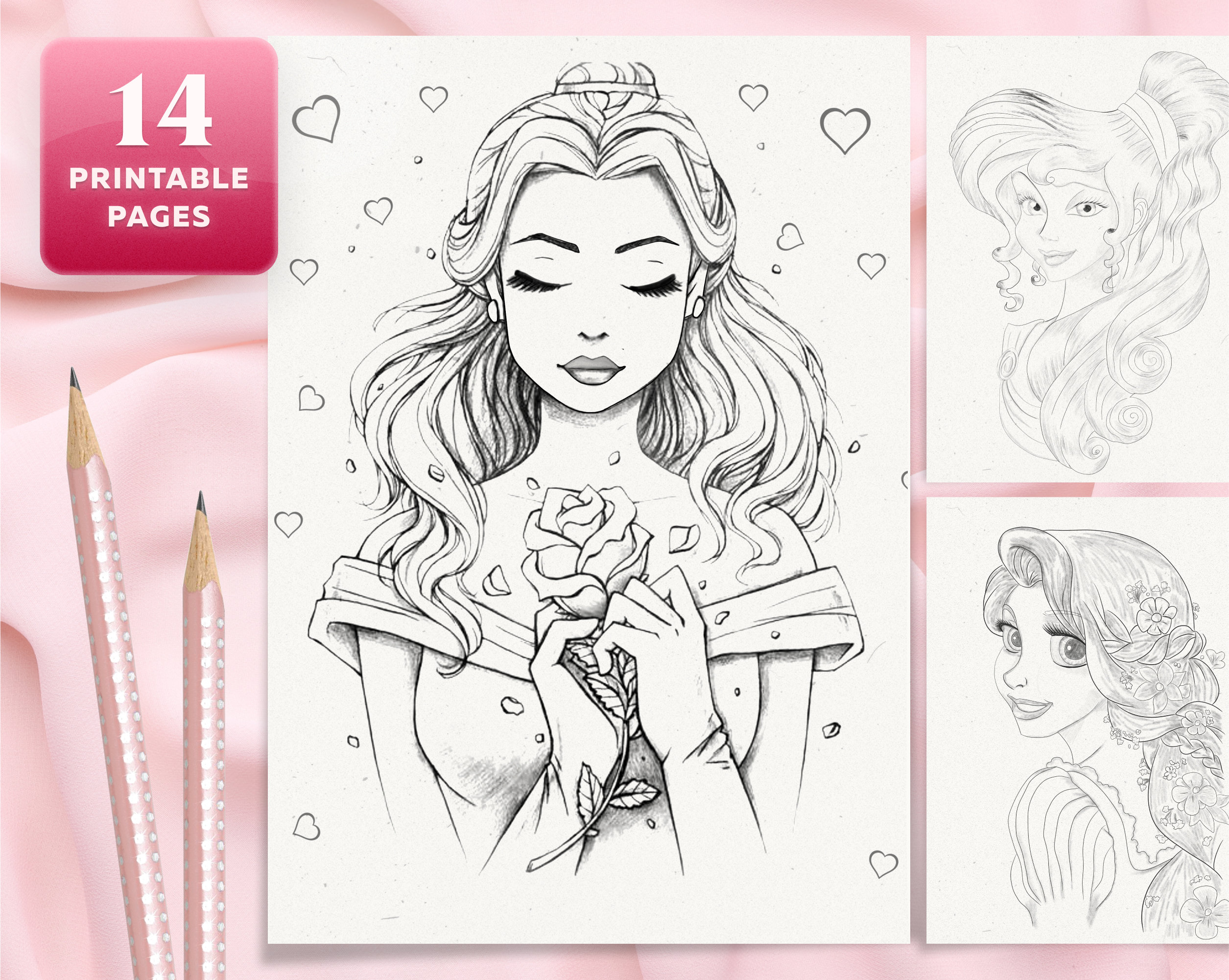 Adult Coloring Pages Book With Princesses 14 Pages Printable Etsy