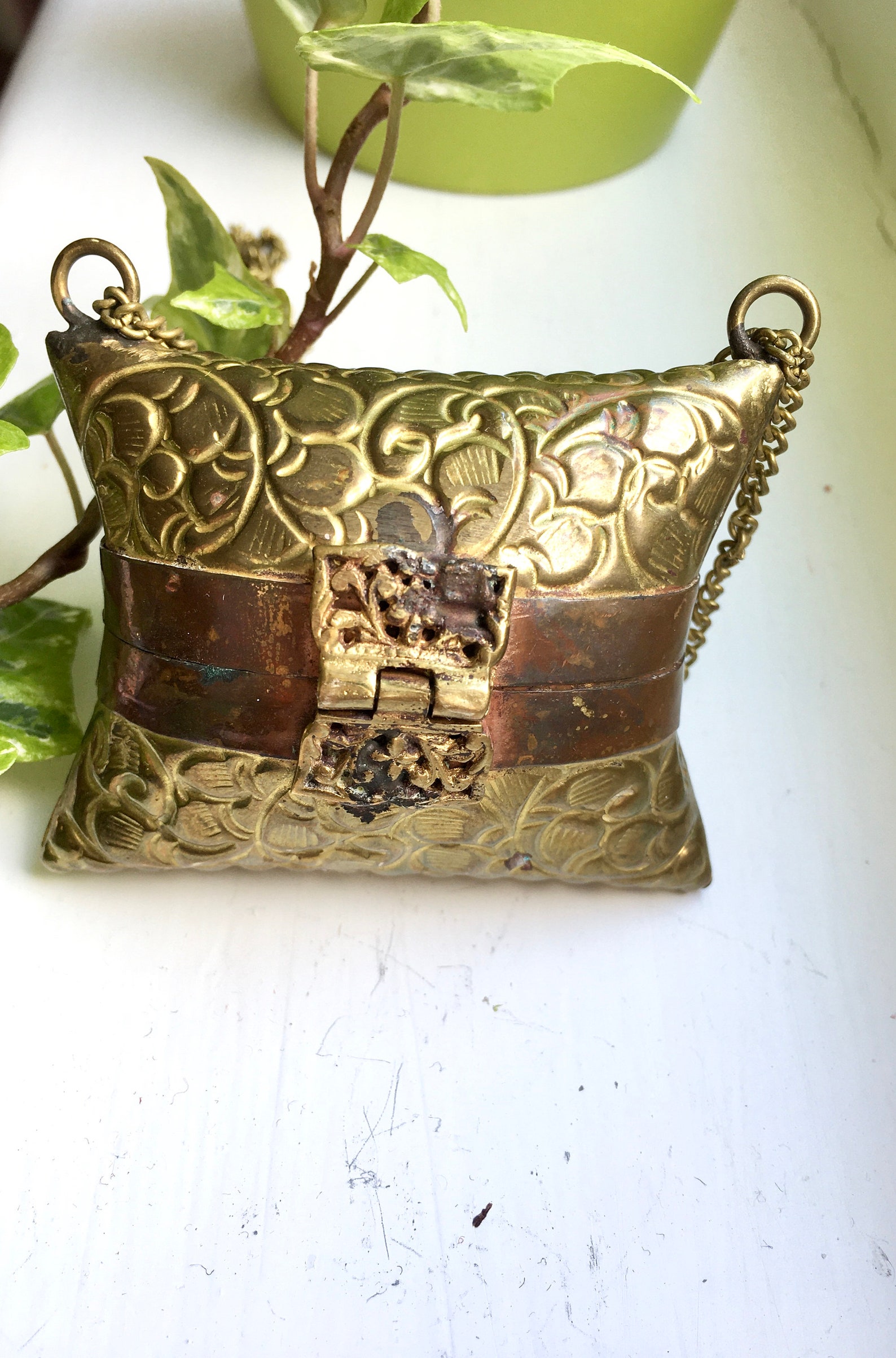 Rarely find petite brass pillow purse with long strap / chain Etsy
