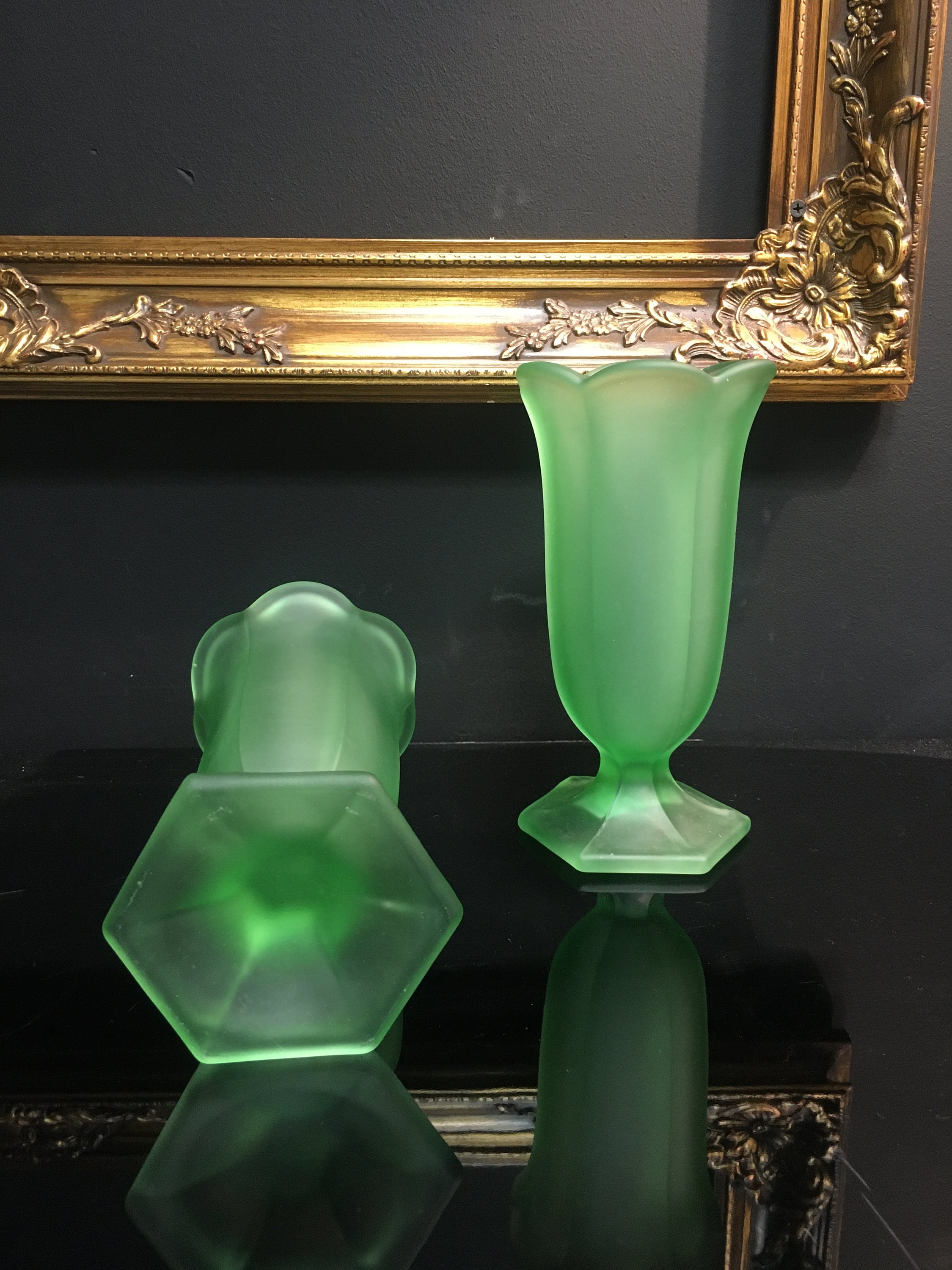 Pair of art deco frosted glass vases elegant green morning Etsy Pair of art deco frosted glass vases elegant green morning Etsy