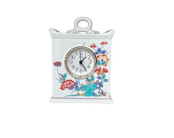 Vintage botanisk porslinsmantelklocka - Blommig Cottagecore-dekor - Shabby Chic skrivbordsklocka