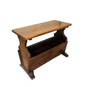 Mid century solid oak Magazine Rack with Tabletop | wooden Side Table | Vintage Storage Stand for Books, Records, or Newspapers