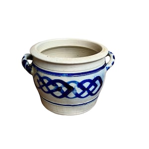 Antique 19th century German handmade stoneware crock jar / planter pot, salt glazed grey pottery, decorated with colbalt blue painted design