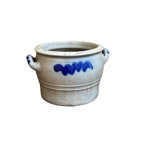 Antique 19th century German handmade stoneware crock jar / planter pot, salt glazed grey pottery, decorated with colbalt blue painted design