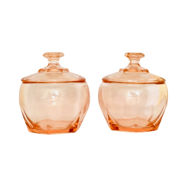 Art Deco Rosé Glass Candy Jars With Lids / Pink Glass Storage Jars With Lid, Excellent