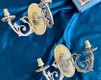 Antique French Brass Wall Sconces, Rococo Revival Lighting Pair