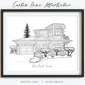 CUSTOM HOME ILLUSTRATION - digital file, hand drawn, for modern home decor, keepsake, gift