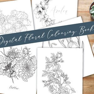 FLOWER COLOURING BOOK, libro da colorare botanico digitale disegnato a mano, libro da colorare floreale, 5 pagine, disegno botanico, disegni floreali