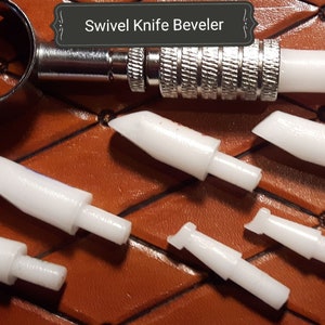 Swivel Knife beveler, quick and easy to use. Saves time with great results. Set includes 5 bevelers and 2 free back bevelers. 16.99 CAD.