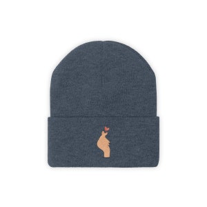 Embroidered Cuffed Beanie, embroidered  Korean finger love sign, love sign, winter hat for girls, unisex winter hat, love sign winter hat.