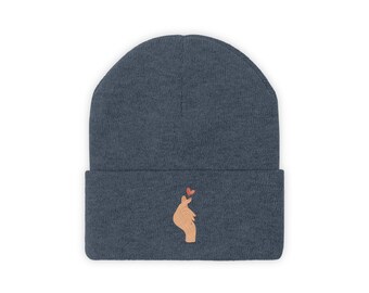 Embroidered Cuffed Beanie, embroidered  Korean finger love sign, love sign, winter hat for girls, unisex winter hat, love sign winter hat.