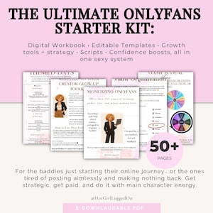 Op de afbeelding: De Ultimate OnlyFans Starter Kit met digitale werkmap, bewerkbare sjablonen, groeihulpmiddelen en scripts. De kit bevat meer dan 50 pagina's aan inhoud. De tekst bevat "Creator Glow-Up Toolkit" en "Monetizing OnlyFans".