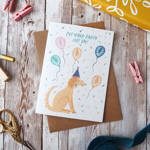 Put Your Party Hat On Dog Birthday Card | Blank A6 or A5 Card | Hand Painted Gouache Design | Eco Friendly Plastic Free Greetings Card