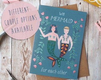 We Mermaid For Each Other Card | Anniversary Valentines Day | Gay Couple Interracial Couple | A5 Greeting Card