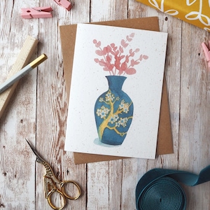 Roze eucalyptus China vaas kaart | Verpakking van 1 of 5 | Handgeschilderde aquarelbladeren | A6 blanco kaart | Eco-vriendelijke plastic gratis kaart