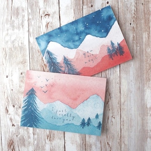 Berge Kartenset | 2er Pack Karten | Liebe und Magie | Handgemalte Aquarell Karte Multipack | A6 Blanko-Karte | Umweltfreundlich, plastikfrei