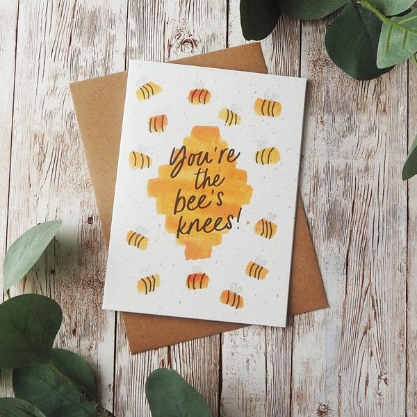 You're The Bee's Knees Card | Pack of 1 or 5 | Hand Painted Watercolour Calligraphy Design | A6 or A5 Blank Card | Eco Friendly Plastic Free