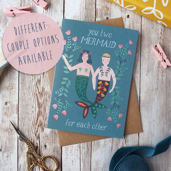 You Two Mermaid For Each Other Card | Engagement Wedding Card | A5 Greetings Card | Gay Couple Interracial Couple | Eco Friendly