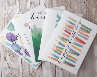 Happy Birthday Card Multipack | Pack of 5 or 10 | Hand Painted Watercolour | A6 Blank Cards | Eco Friendly Plastic Free Greetings Cards