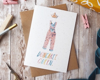 Dungaree Queen Card | Pack of 1 or 5 | Watercolour Marbled Collage | A6 Blank Card | Eco Friendly Plastic Free