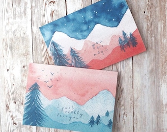 Mountains Card Set | Pack of 2 Cards | Love and Magic | Hand Painted Watercolour Card Multipack | A6 Blank Card | Eco Friendly Plastic Free