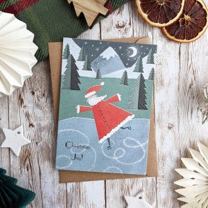 Biglietto di Natale con Babbo Natale che pattina sul ghiaccio, Gioia del Natale, Babbo Natale, Biglietto vuoto A6 o A5, Ecologico