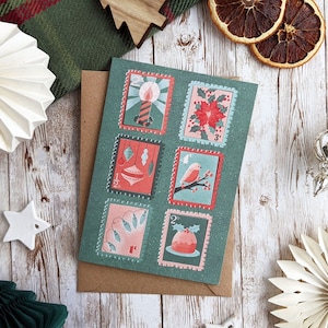 Carte de Noël de timbres festifs | Carte de Noël imprimée Mid-Century rétro | Joyeux Noël | Carte vierge A6 ou A5 | Respectueux de l'environnement