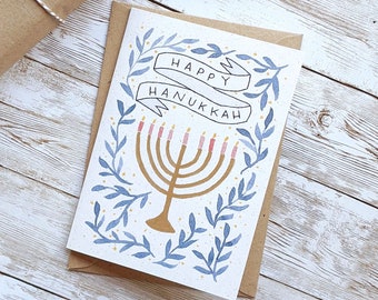 Happy Hanukkah Card | Menorah Design | Hand Painted Watercolour Calligraphy | Single or Pack of 5 | A6 Blank | Eco Friendly Plastic Free