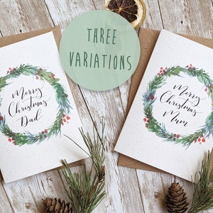 Frohe Weihnachten Mama Karte | Frohe Weihnachten Dad Karte | Eltern Kranz Aquarell Karte | Umweltfreundliche, plastikfreie Recycling-Karte