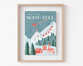 Grüße vom Nordpol | Weihnachten Vintage Reise Poster | Festliche Wandkunst | Umweltfreundliches Weihnachtsgeschenk | A4 oder A5