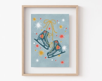 Folky Ice Skates Winter Print | Festive Wall Art | Eco Friendly Christmas Gift | A4 or A5