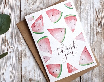 Thank You Watermelons Card | Hand Painted Watercolour Calligraphy Design | A6 or A5 Blank Card | Eco Friendly Plastic Free Card