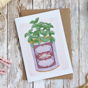 Vintage Zinn Basil alles Gute zum Geburtstag Karte | Blanko A6 oder A5 Karte | Aquarell | Umweltfreundliche, plastikfreie Grußkarte