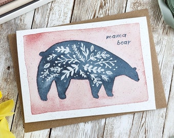 Mama Bear Mother's Day Card | Card for Mum | Hand Painted Watercolour Design | A6 Blank Card | Eco Friendly Plastic Free