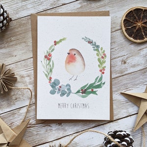 Guirlande botanique Robin de Joyeux Noël | Aquarelle peinte à la main | À l'unité ou en lot de 5 | Carte vierge A6 | Respectueux de l'environnement, sans plastique