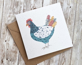 Spring Hen Card | Quirky Hen Collage | Watercolour Collage Chicken Design | Square Blank Card | Eco Friendly Plastic Free Card