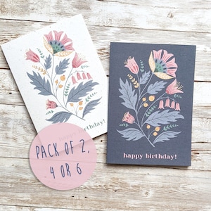 Ensemble joyeux anniversaire d'art populaire floral | Lot de 2, 4 ou 6 cartes d'anniversaire | Multipack de cartes d'anniversaire | Carte vierge A6 | Respectueux de l'environnement, sans plastique