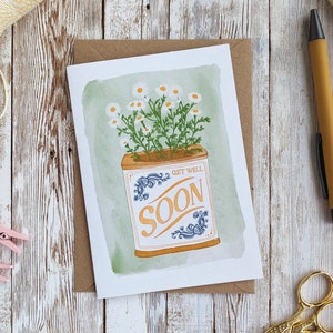 Carte en métal vintage Get Well Soon de <br> Vous avez des idées ? Carte vierge A6 ou A5 | Aquarelle | Carte de voeux écologique sans plastique